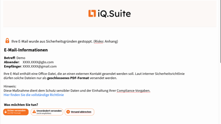 DLP-Dialogfenster warnt vor unsicherem Anhang und bietet Auswahloptionen zur sicheren E-Mail-Übermittlung