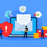 Illustration eines DLP-Prozesses zum Schutz sensibler E-Mail-Daten mit Sicherheitssymbolen und digitalen Bedrohungsindikatoren