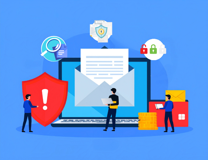 Illustration eines DLP-Prozesses zum Schutz sensibler E-Mail-Daten mit Sicherheitssymbolen und digitalen Bedrohungsindikatoren